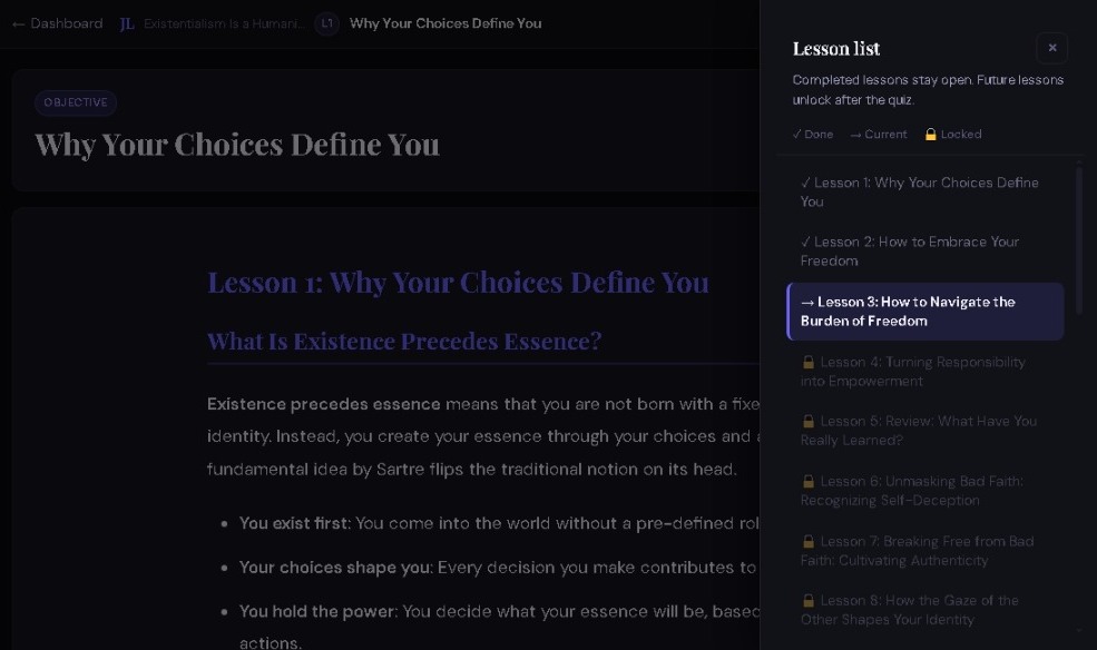JaghoriLearn lesson view — structured, clear, interactive